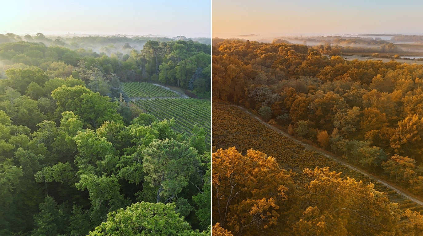 Weinberg von Château LaSuite im Frühjahr und im Herbst — derselbe von Wald umschlossene Parzellen-Blick