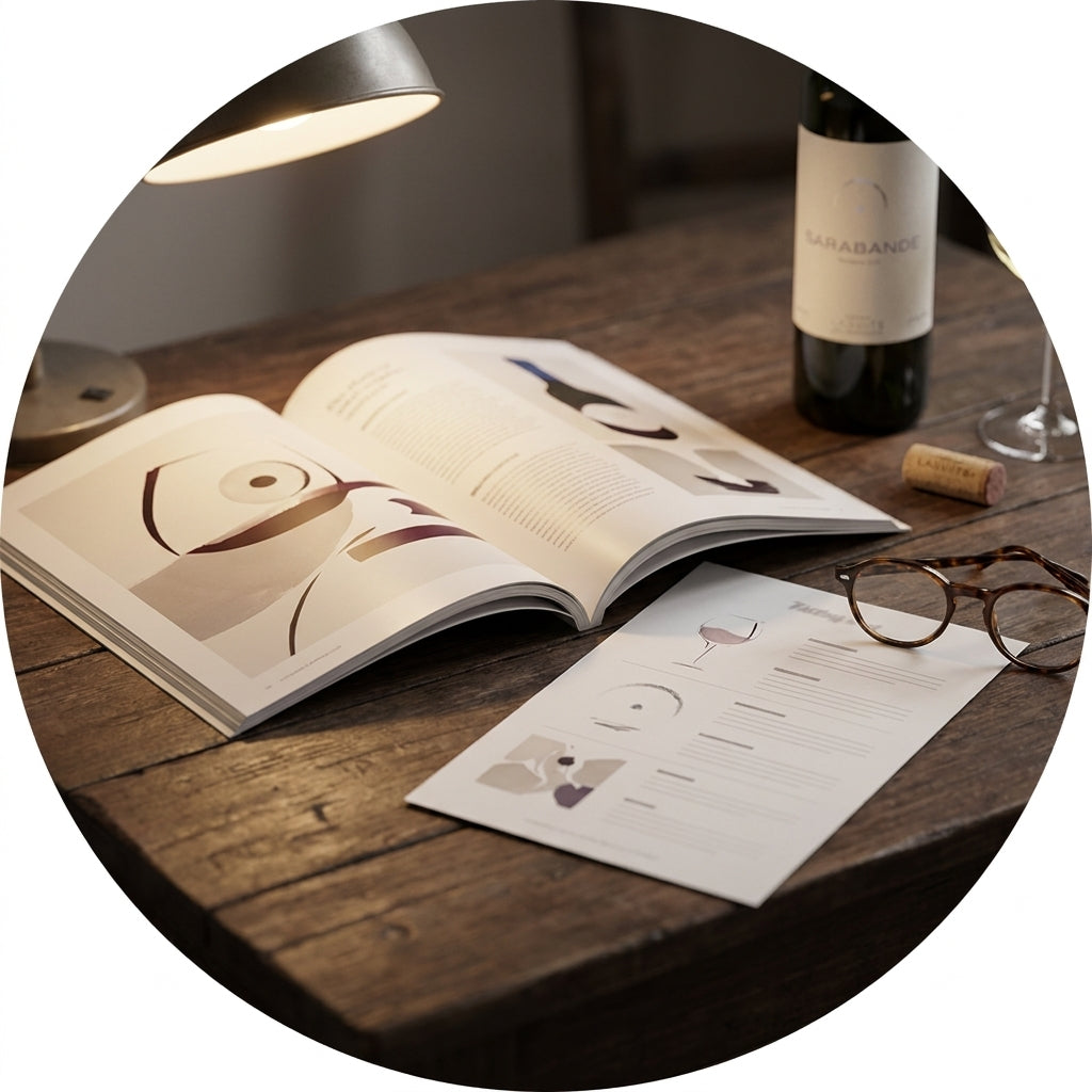 Wein-Magazin und Weinblatt auf Holztisch, warm beleuchtet