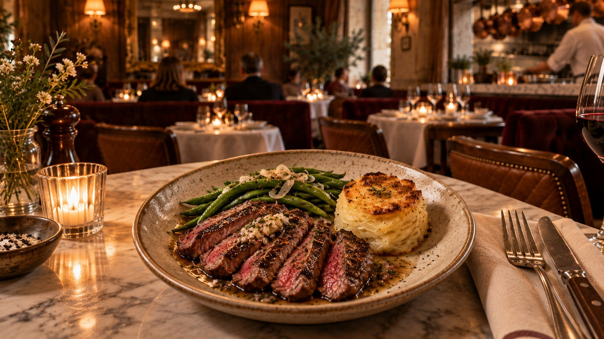 Bavette vom Grill mit Gratin dauphinois und grünen Bohnen mit Zwiebeln