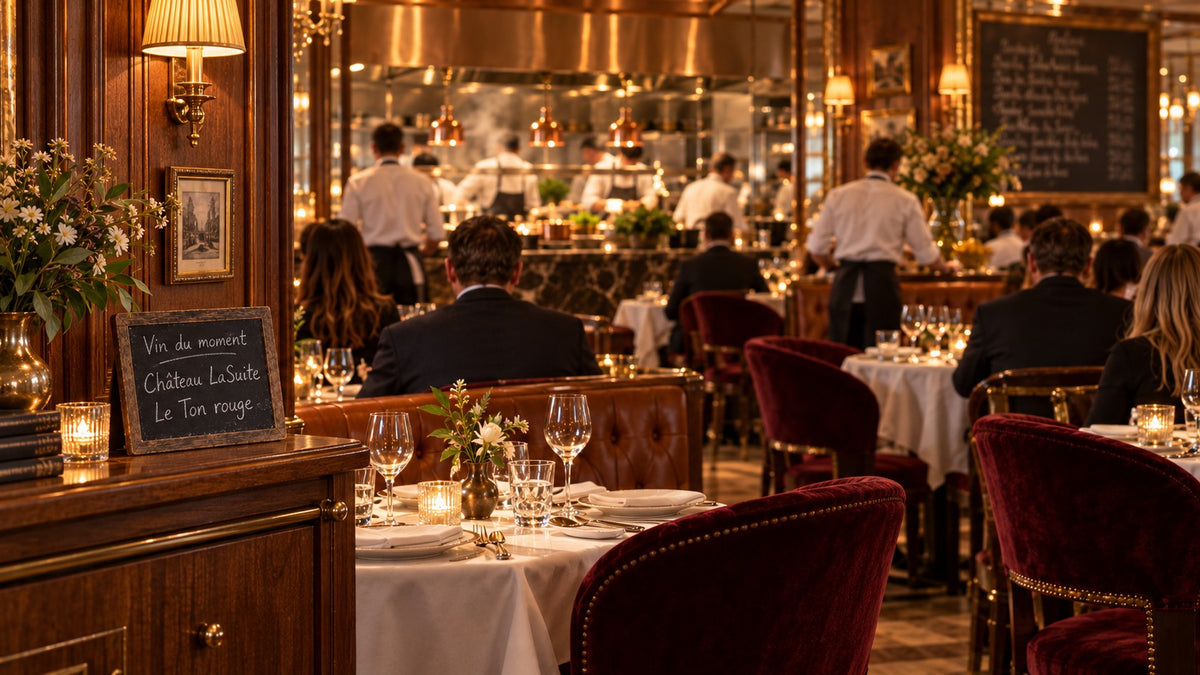 Kreidetafel im Bistro: Vin du moment, Château LaSuite, Le Ton rouge