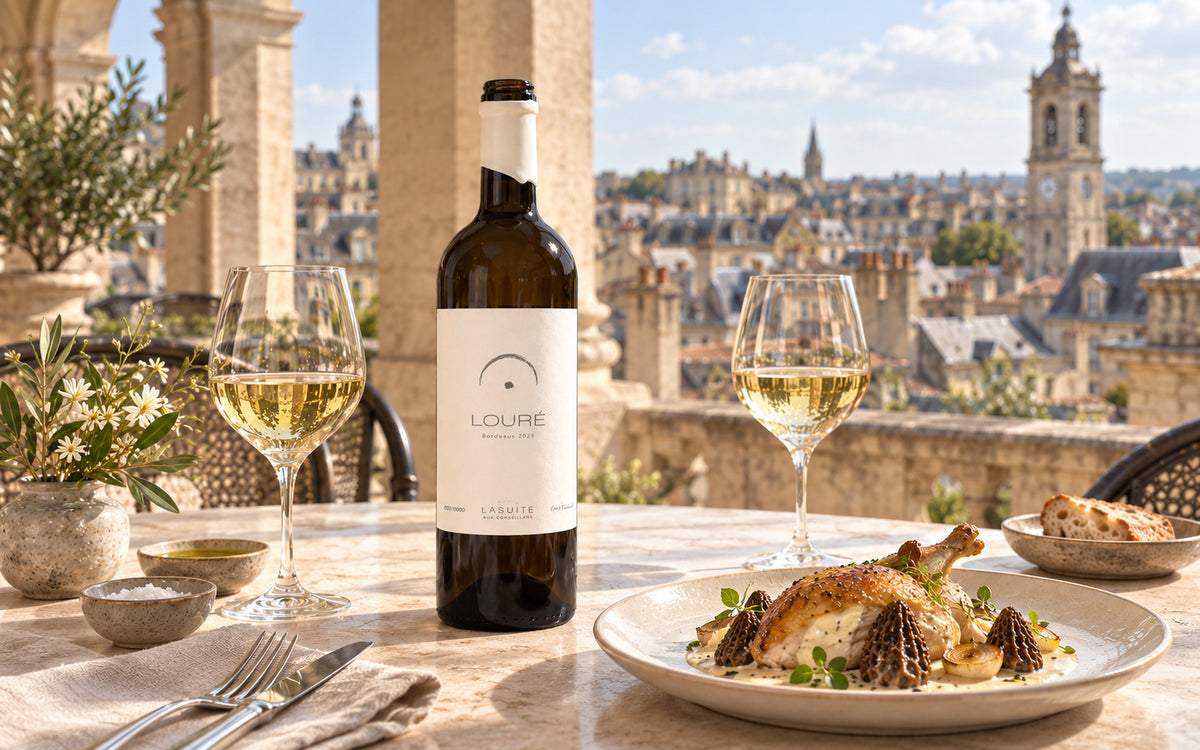 Louré 2025, Bordeaux Weißwein – so wird dieser Jahrgang einmal serviert: Loggia über den Dächern der Stadt, mit Huhn und Morcheln