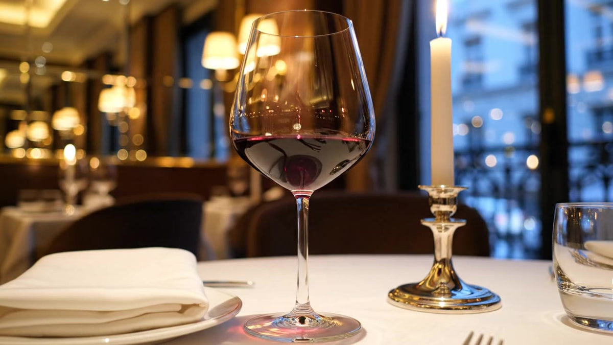 Ein Glas Rotwein bei Kerzenlicht am gedeckten Tisch