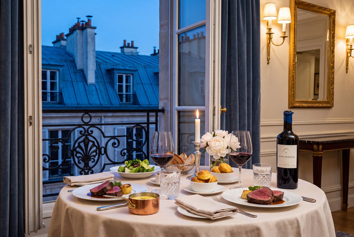 Sarabande 2016, Bordeaux Rotwein – gedeckter Tisch im Pariser Restaurant mit Balkon, die Flasche im Hintergrund