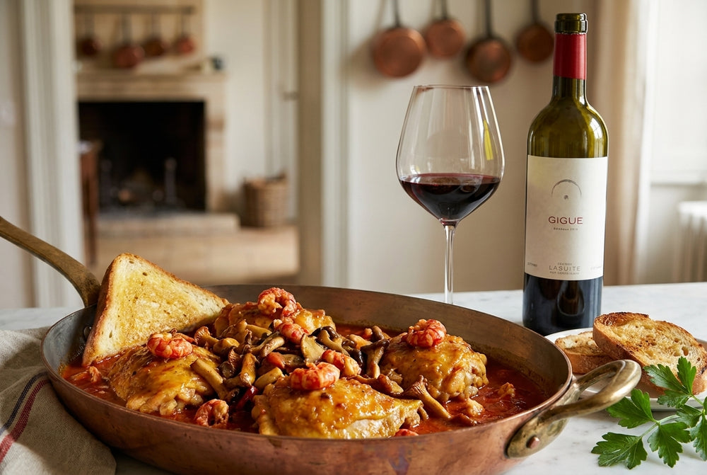 Poulet Marengo aux écrevisses, tomate & vin