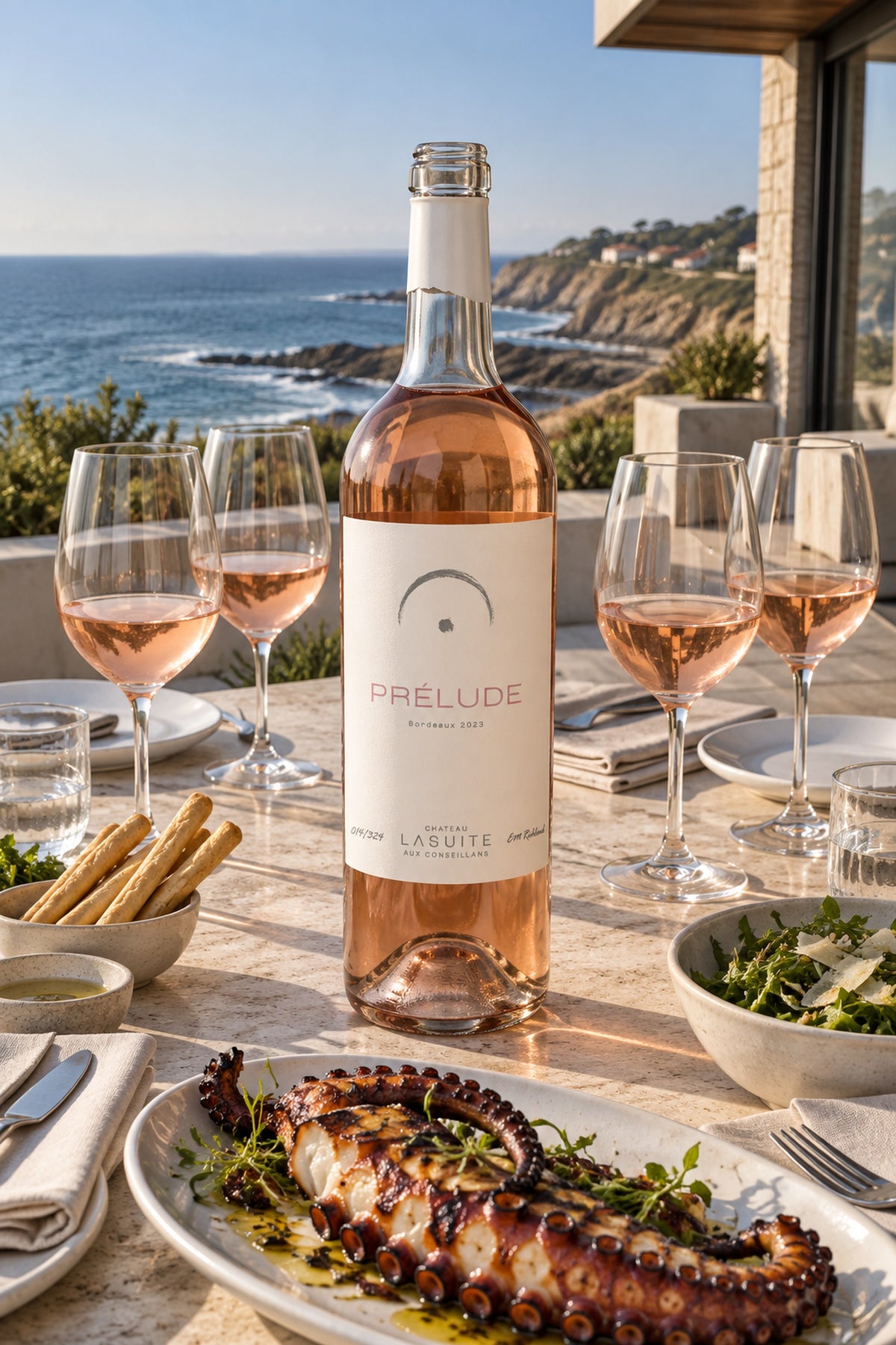 Prélude 2023, Bordeaux rosé – bottle on a terrace above the Basque coast, with grilled octopus