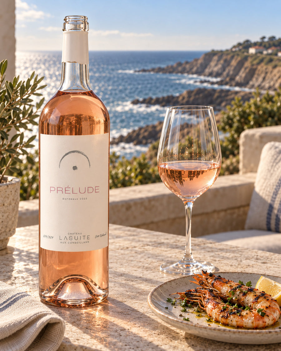 Prélude 2023, Bordeaux Rosé – Flasche und Glas auf der Steinterrasse über dem Meer, mit gegrillten Garnelen