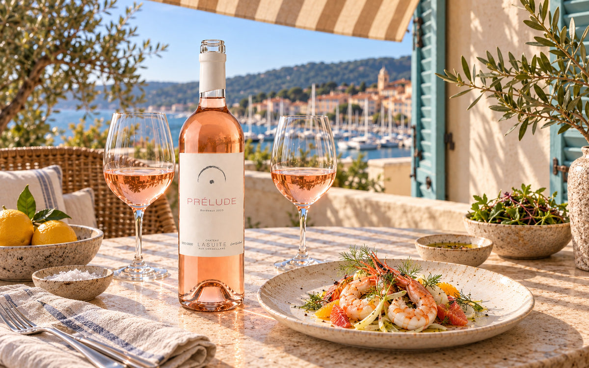 Prélude 2025, Bordeaux Rosé – so wird dieser Jahrgang einmal serviert: Tisch unter der Markise über dem Hafen, mit Garnelen
