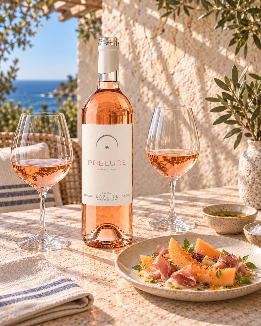 Prélude 2025, Bordeaux Rosé – so wird dieser Jahrgang einmal serviert: Steinterrasse über dem Meer, mit Melone und Schinken