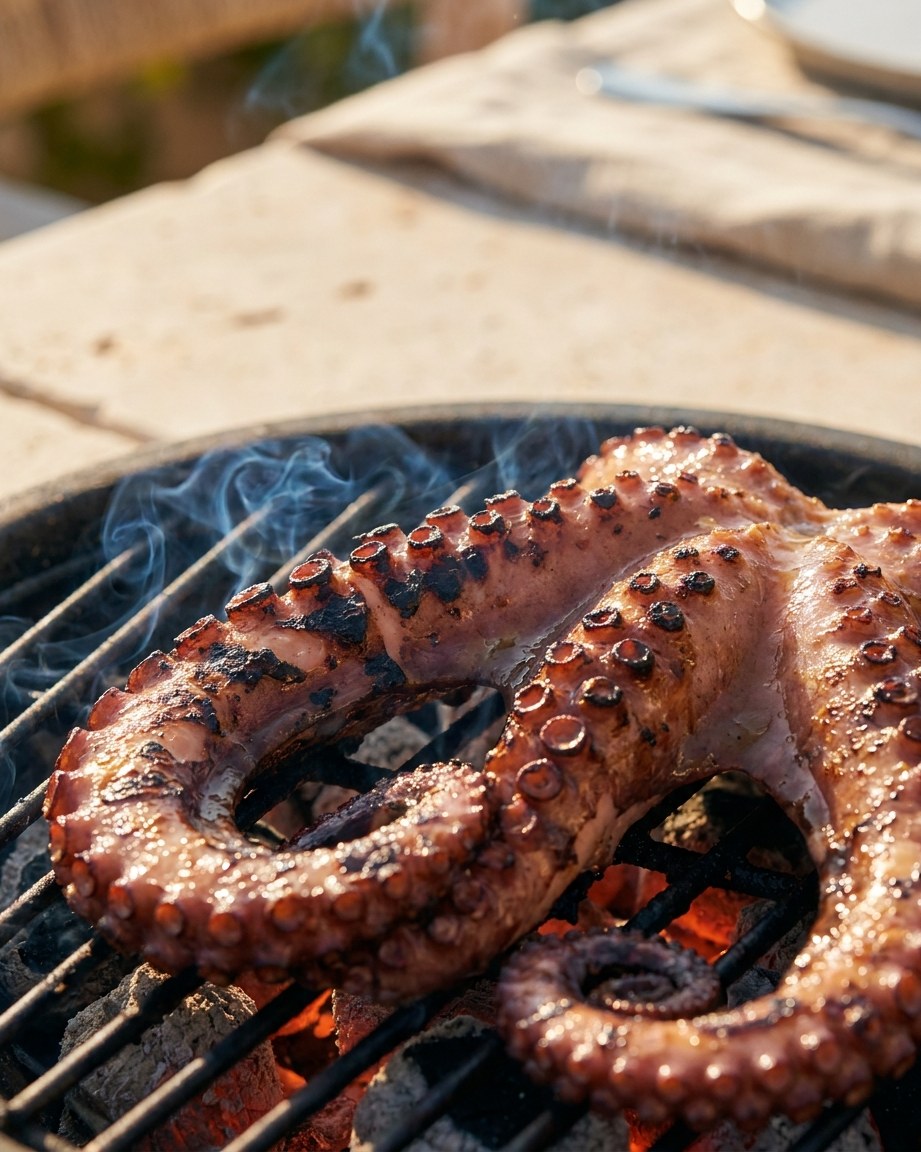Grilling the octopus: 2–3 minutes per side over high, direct heat, until it chars and the edges turn crisp.
