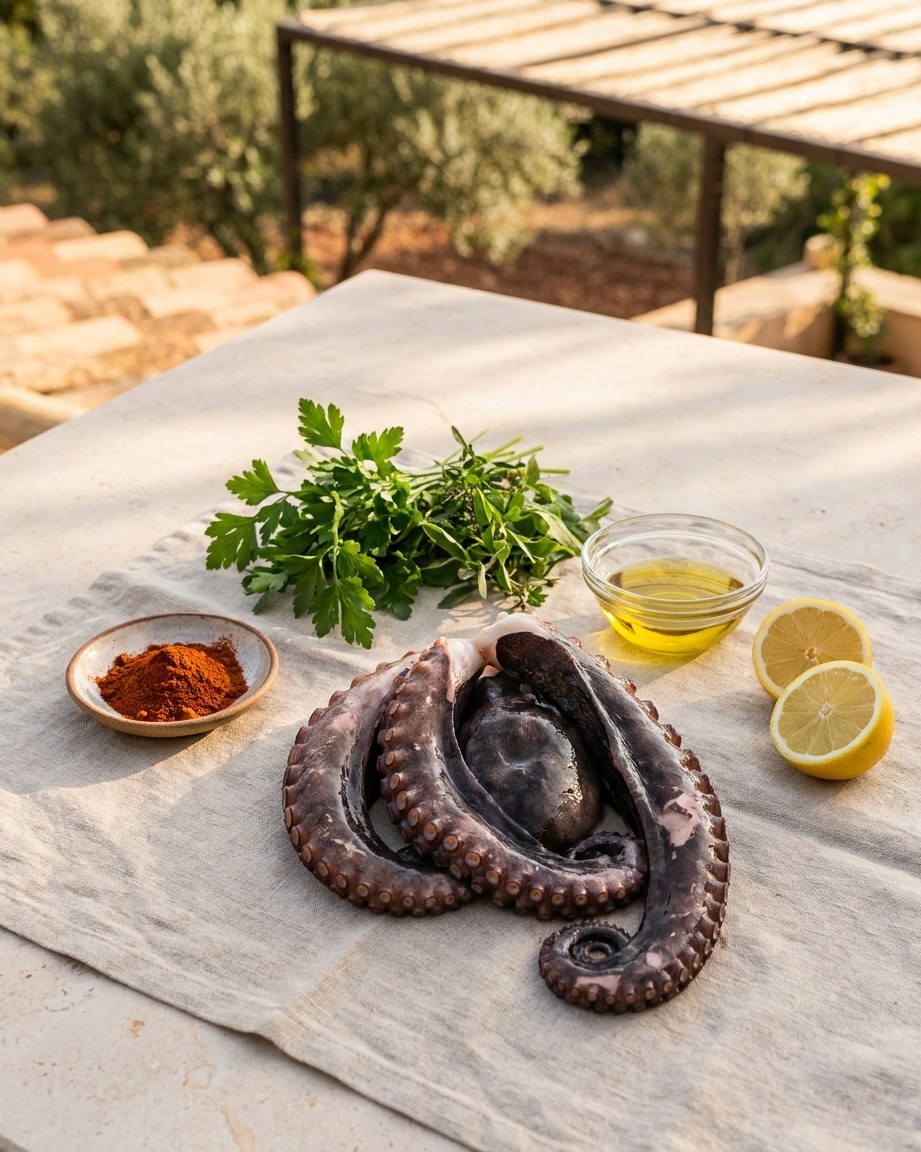 The ingredients: octopus, smoked paprika, parsley, olive oil and lemon.
