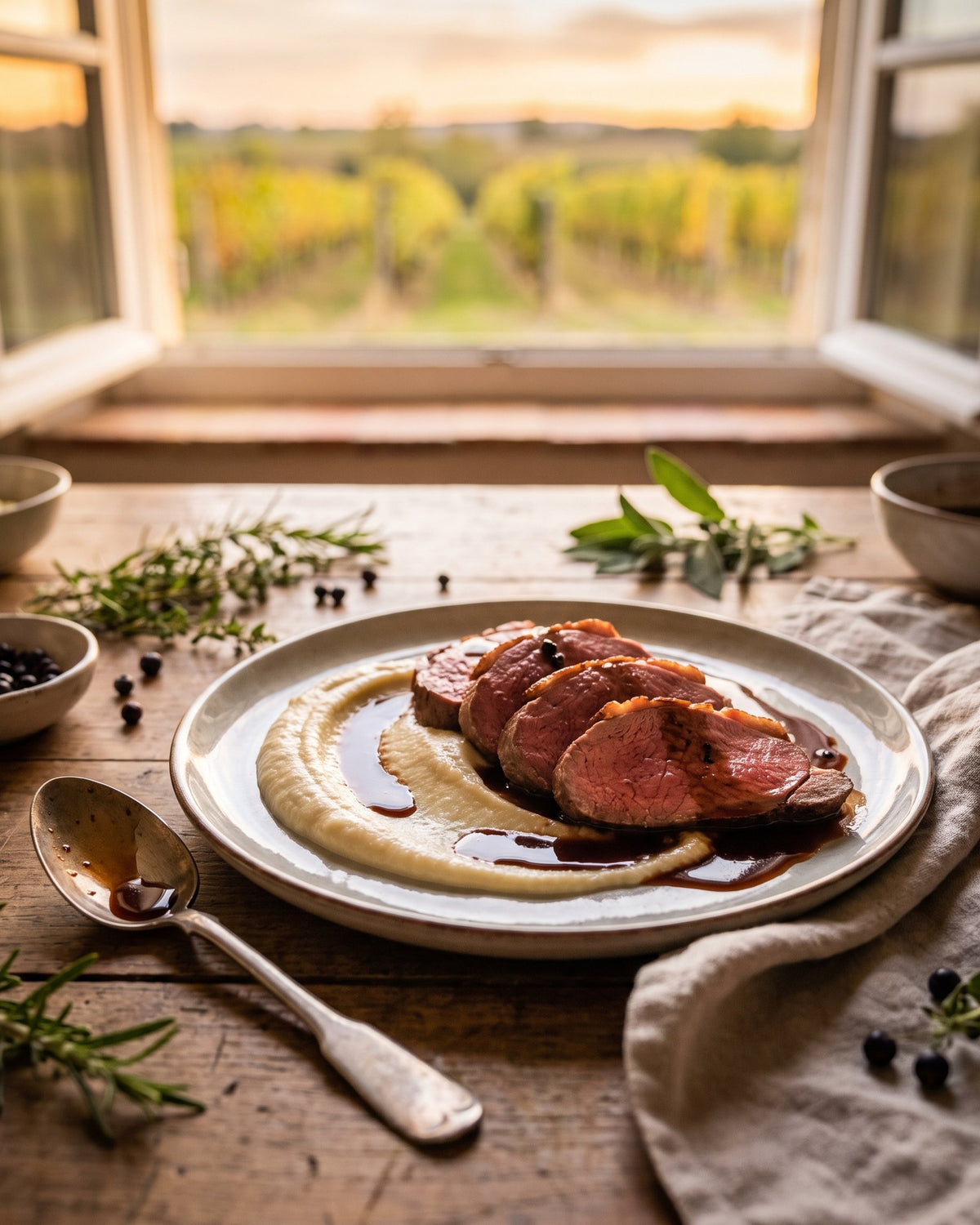 Saddle of venison in medallions, with celeriac purée and juniper jus.