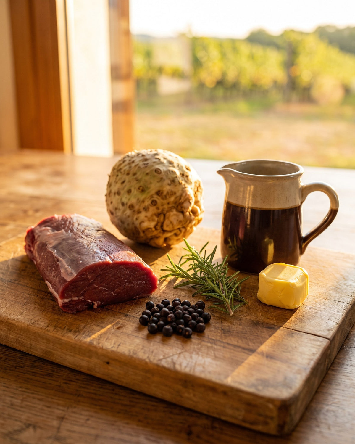 The ingredients: saddle of venison, celeriac, juniper berries, rosemary, stock and butter.