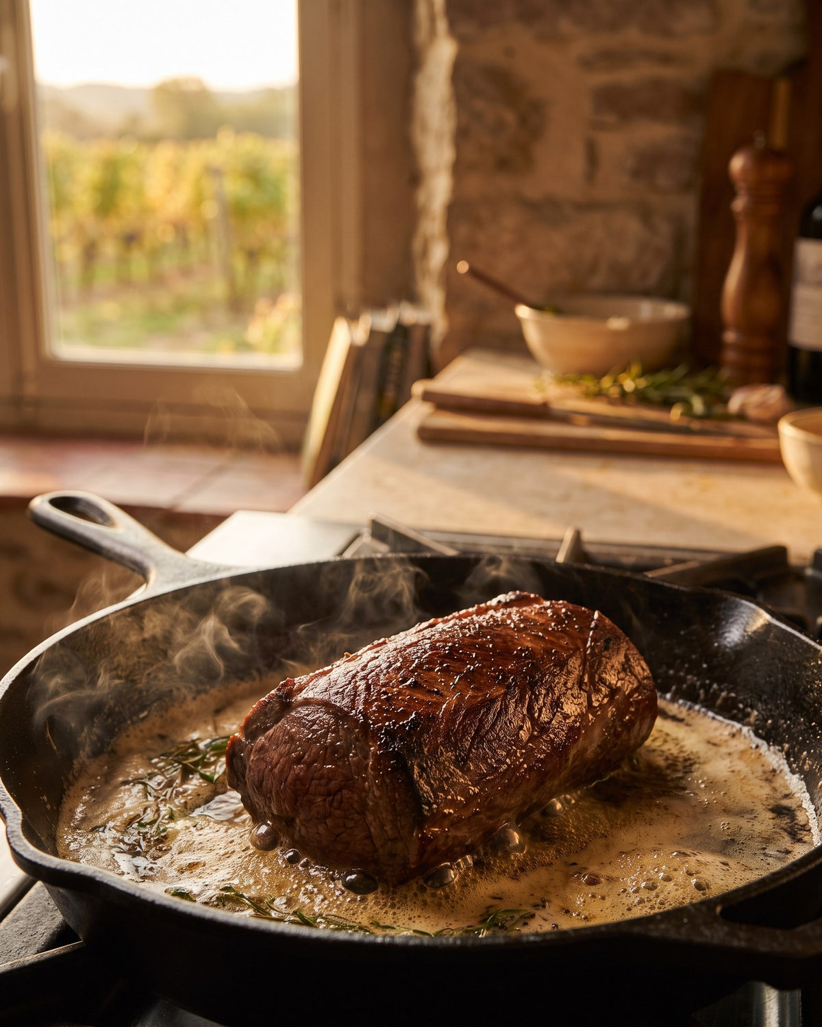 Cooking the venison: sear well on all sides, then let it finish in the oven at 120 °C to a core temperature of 54 °C.