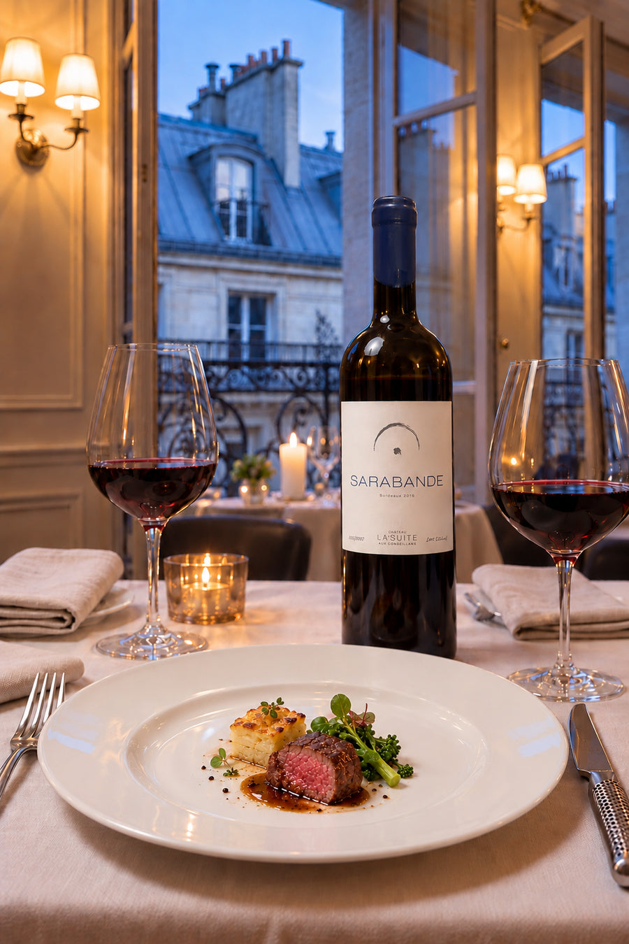 Sarabande 2016, Bordeaux Rotwein – Flasche und Gläser zu rosa gebratenem Rinderfilet mit Kartoffelgratin