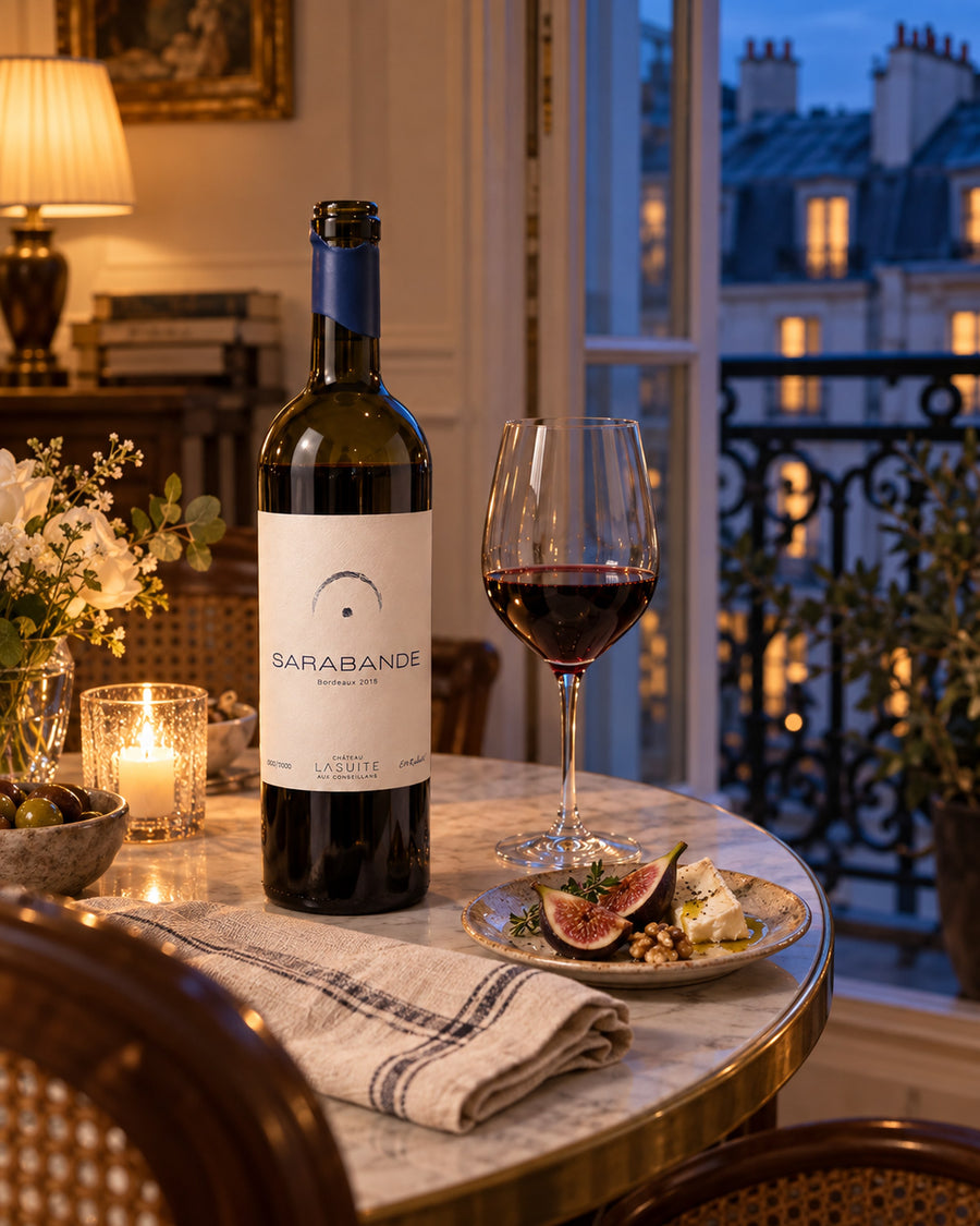 Sarabande 2018, Bordeaux Rotwein – Flasche auf dem Marmortisch am Pariser Balkon, mit Feigen und Käse