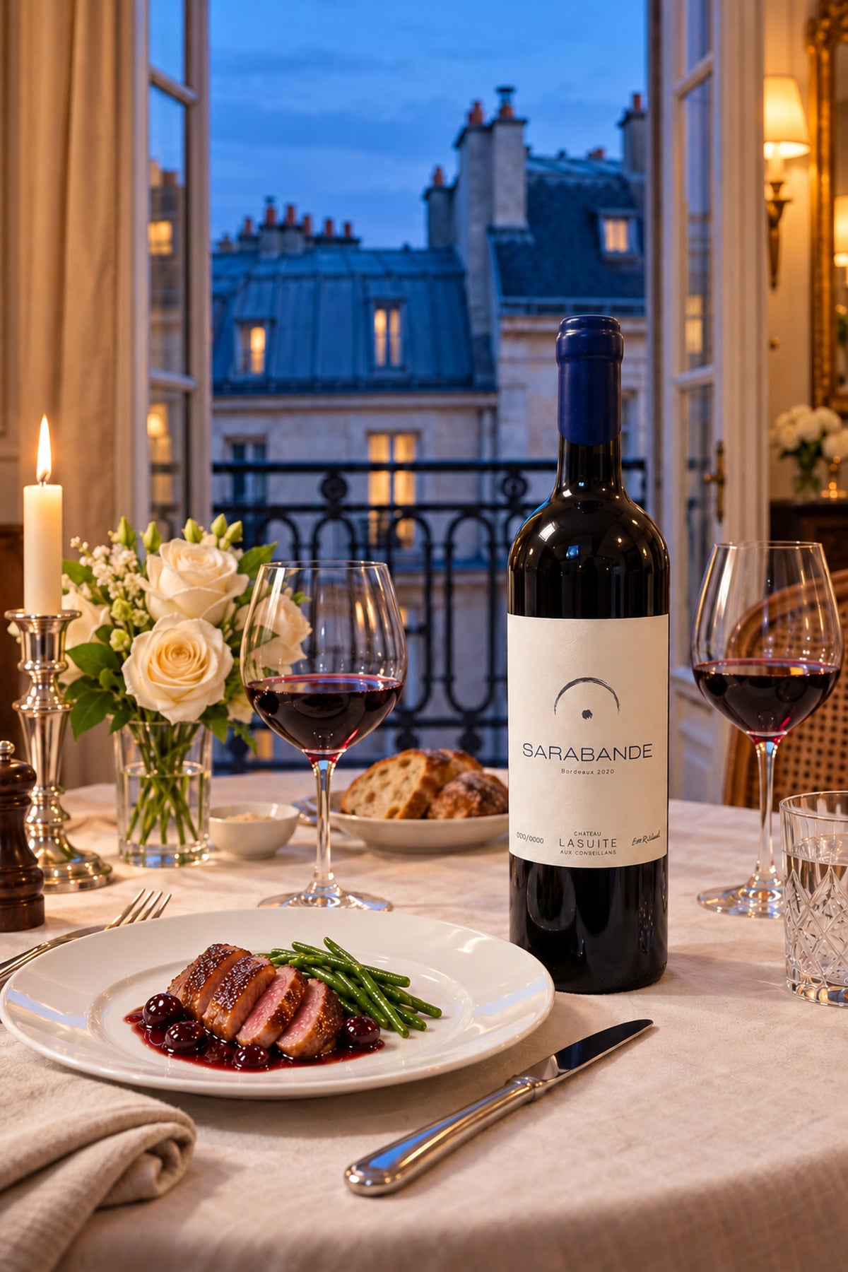 Sarabande 2019, Bordeaux Rotwein – Flasche auf dem gedeckten Tisch am offenen Fenster über den Pariser Dächern, mit Entenbrust und Kirschen