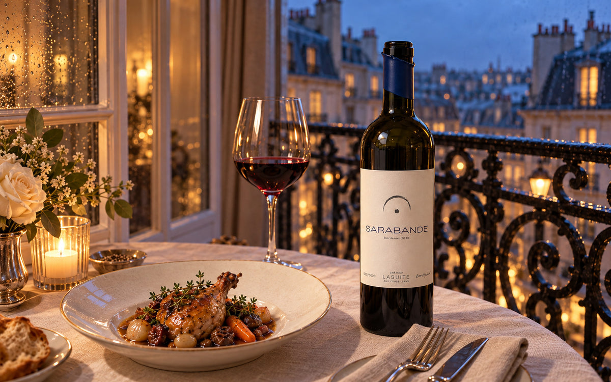 Sarabande 2020, Bordeaux Rotwein – Flasche und Glas am Balkon über den Pariser Dächern, mit geschmortem Geflügel