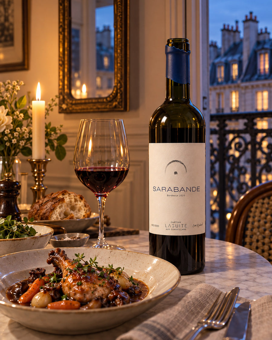 Sarabande 2020, Bordeaux Rotwein – Flasche und Glas im Kerzenlicht am Fenster in Paris, mit Coq au vin