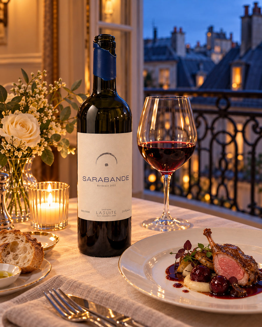 Sarabande 2022, Bordeaux Rotwein – Flasche und Glas im Kerzenlicht über den Pariser Dächern, mit Ente und Kirschen