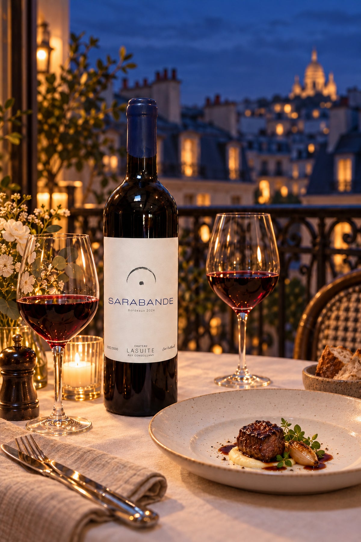 Sarabande 2024, Bordeaux Rotwein – so wird dieser Jahrgang einmal serviert: gedeckter Tisch am Balkon über den Pariser Dächern, mit Rinderfilet
