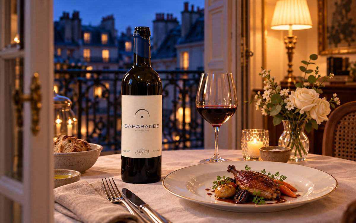 Sarabande 2025, Bordeaux Rotwein – so wird dieser Jahrgang einmal serviert: Tisch am Balkonfenster in Paris, mit Entenkeule