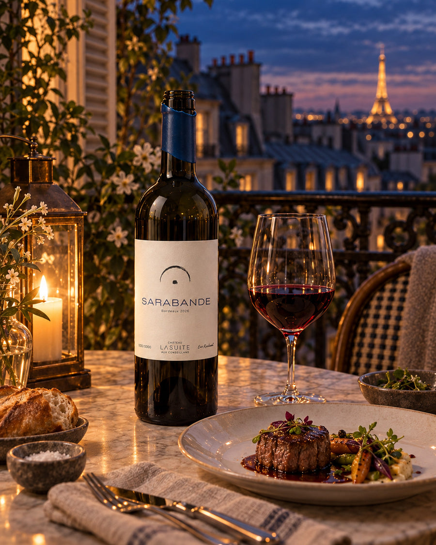Sarabande 2026, Bordeaux Rotwein – so wird dieser Jahrgang einmal serviert: Laternenlicht auf der Terrasse mit Blick auf den Eiffelturm, mit Rinderfilet und Gemüse