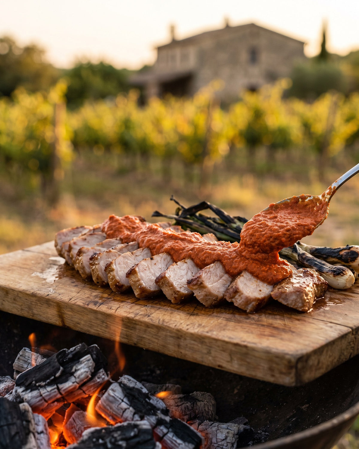 Secreto ibérico, sliced pink, with romesco and grilled spring onions.