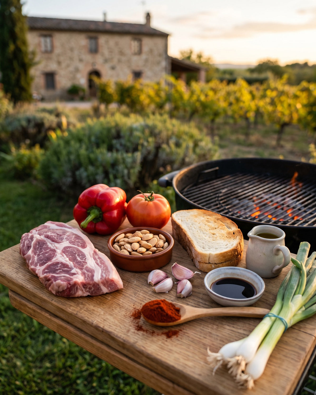 The ingredients: secreto ibérico, red peppers, tomato, almonds, toasted bread, garlic, pimentón, sherry vinegar and spring onions.
