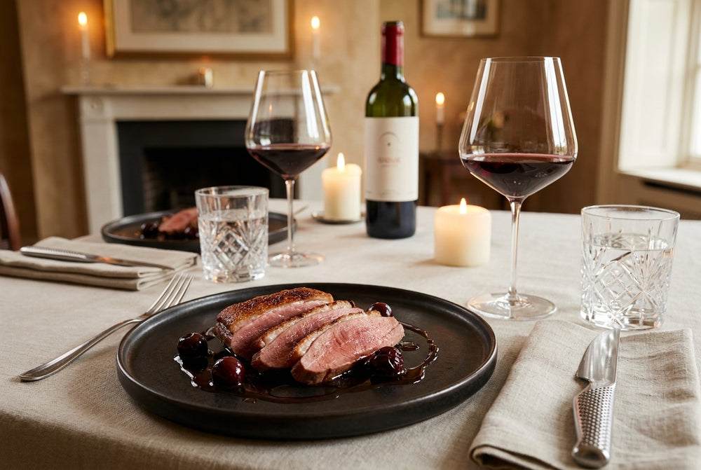 Sous-vide duck breast – cherry-thyme jus & crisp skin