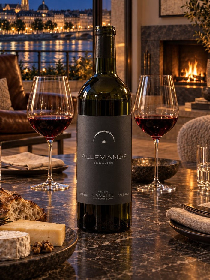 Flasche Allemande, Rotwein, am Abendtisch vor einem Kaminfeuer