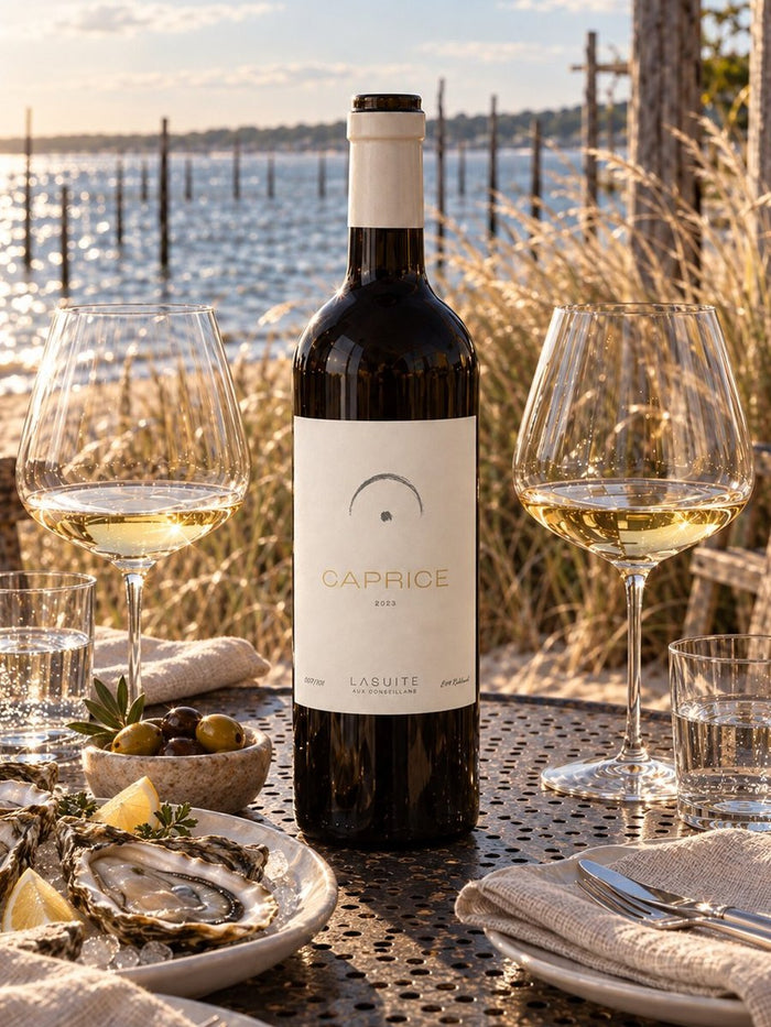 Flasche Caprice, Weißwein, auf einem gedeckten Tisch am Wasser