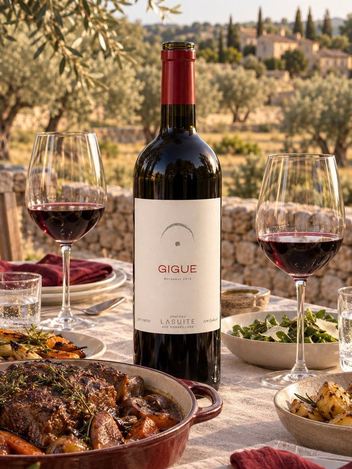 Flasche Gigue, Rotwein, auf einem gedeckten Tisch zwischen Olivenbäumen