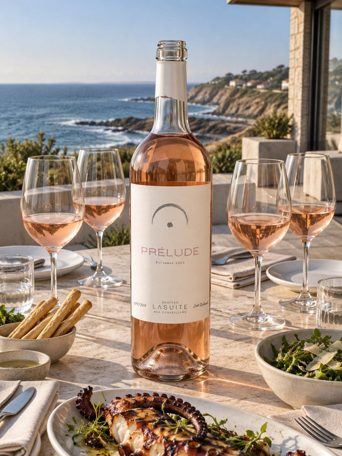 Flasche Prélude, Rosé, auf einem gedeckten Sommertisch über dem Meer