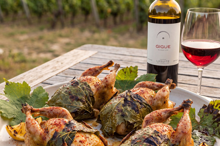 Quail grilled in vine leaves – Piment d'Espelette