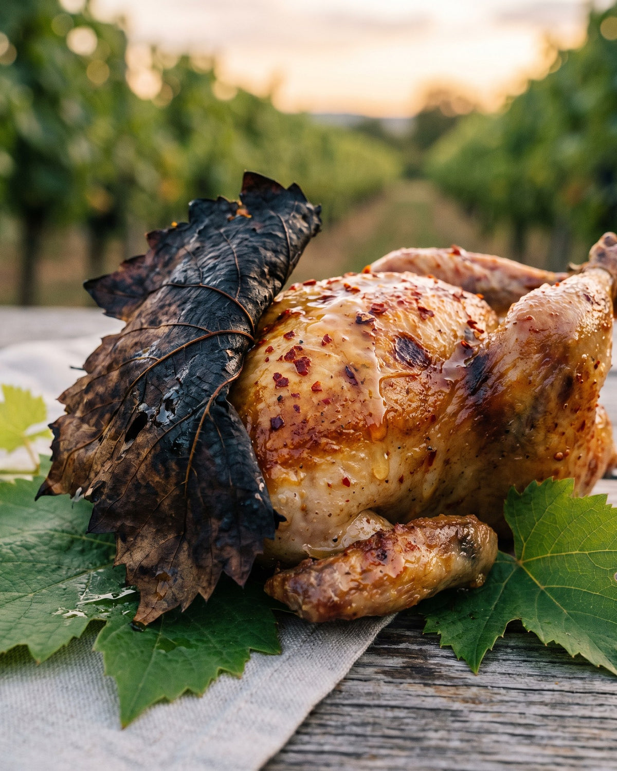 Caille grillée en feuille de vigne au piment d'Espelette.