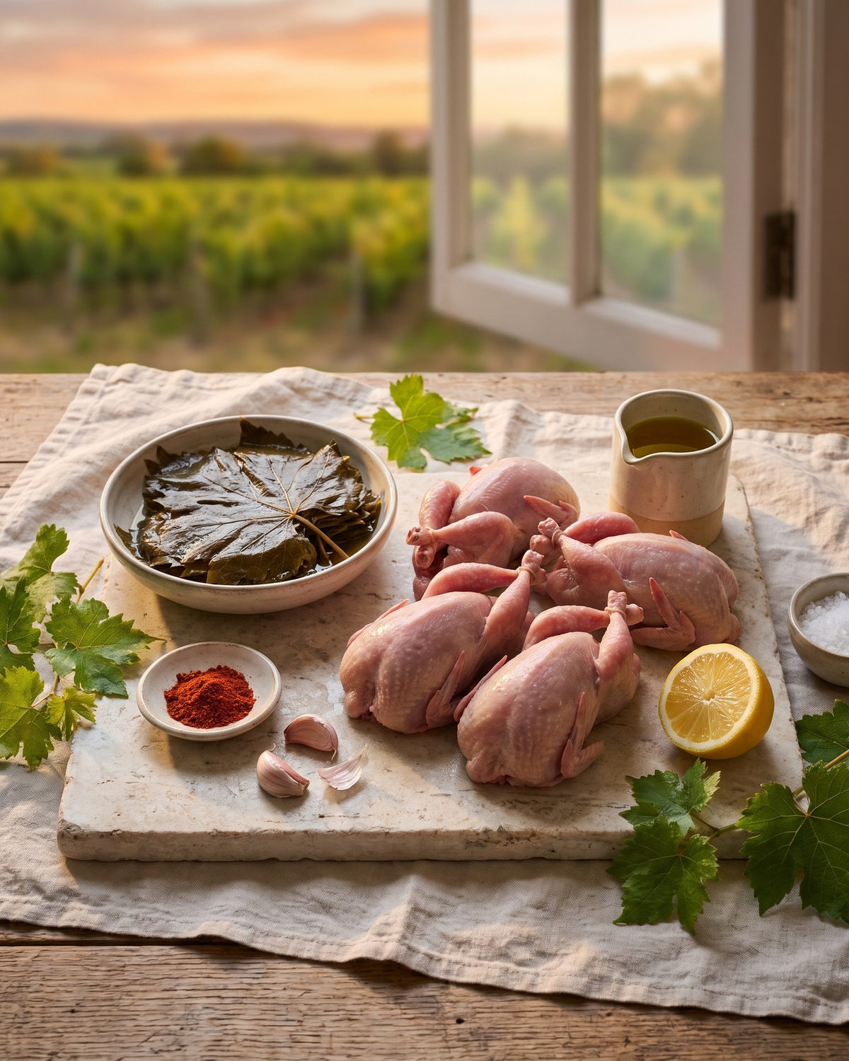 Les ingrédients : cailles, feuilles de vigne, piment d'Espelette, ail, citron et huile d'olive.