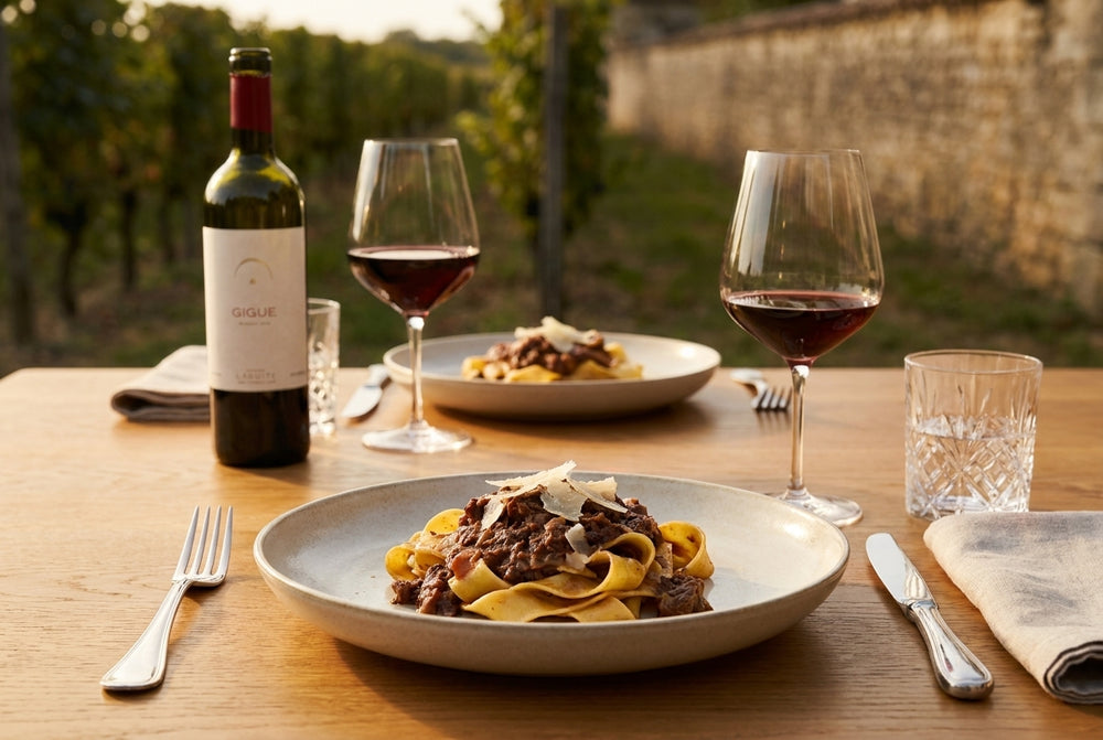 Wild boar ragù braised in Gigue, with pappardelle